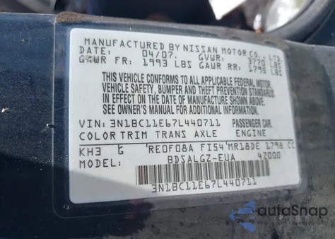 2007 Nissan Versa 1.8Sl z USA, uszkodzony, nr VIN 3N1BC11E67L440711